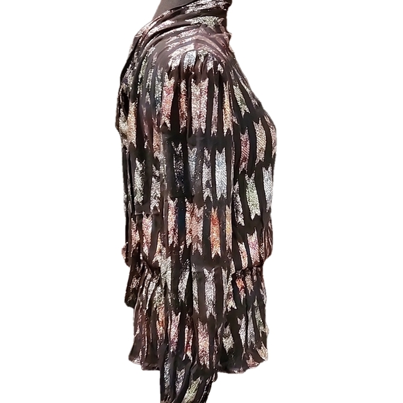 Topshop Womens Black Shimmer Multi Colored Sheer Tie Neck Blouse Size 10 - Picture 4 of 6